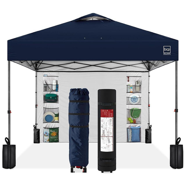 Best Choice Products 10x10ft Pop Up Canopy Tent with Sidewall, 1 Person 1 Minute Set Up, Carry Case, 4 Weight Bags - Navy Blue