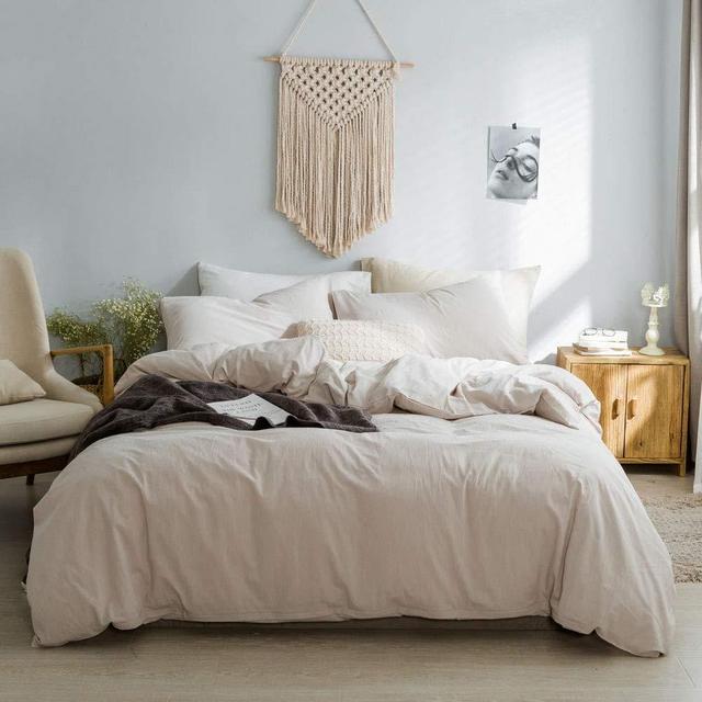 EAVD 3 Pieces Beige Duvet Cover Set Queen Ultra-Soft 100% Washed Cotton Bedding Set with 2 Pillowcases Modern Style Solid Color Beige Bedding Set with Zipper Closure 4 Ties