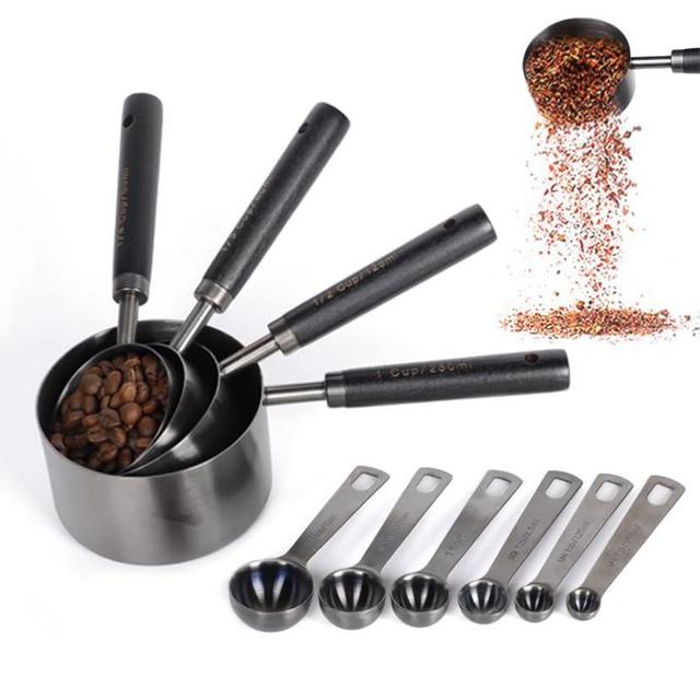 PrettyFine Collection 10 Piece Gunmetal Gray Polished Finish,Measuring Cups Set and Measuring Spoons, Black With fragrant wood Handles-Complete Set of Measure Cups and Spoons For Cooking and Baking.