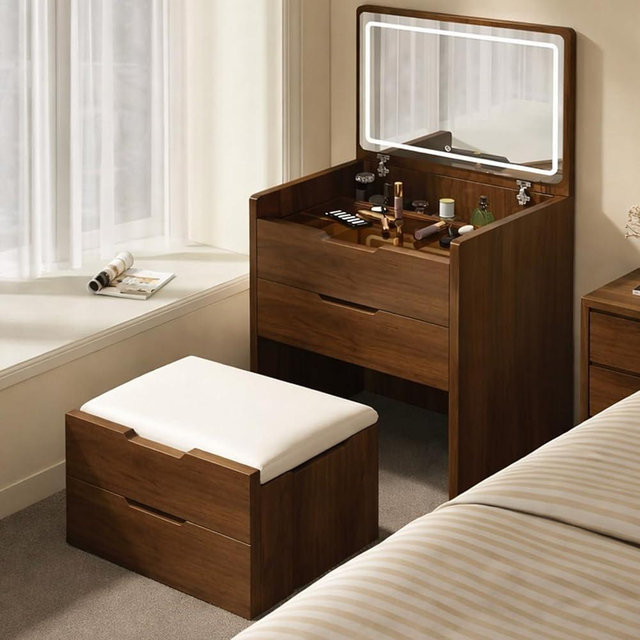 24" Makeup Vanity Desk with Flip Top Mirror and Light, 3 In 1 Compact Vanity with Hidden Stool Chair, Modern Dressing Table with Sliding Glass Top, Jewelry Organzier Storage For Small Space Bedroom