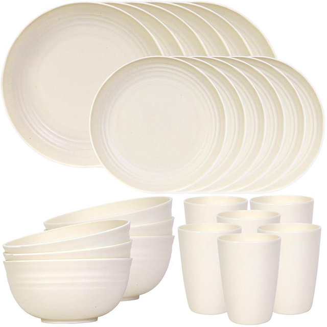 Quatish 24 Piece Plates and Bowls Sets of 6, Unbreakable Wheat Straw Dinnerware Sets, Plastic Dish Set for Camping, Dishwasher Microwave Safe, Outdoor Kitchen and Apartment Dinning Essentials, Beige