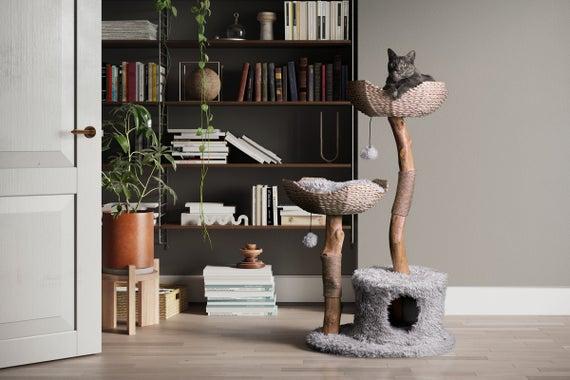Gray Wooden Cat Condo, Unique Cat Trees, Wood Cat Tower, Cat Scratching Tree, Furniture For Cat, Cat Lover Gift, Cat Furniture, Cat Gifts