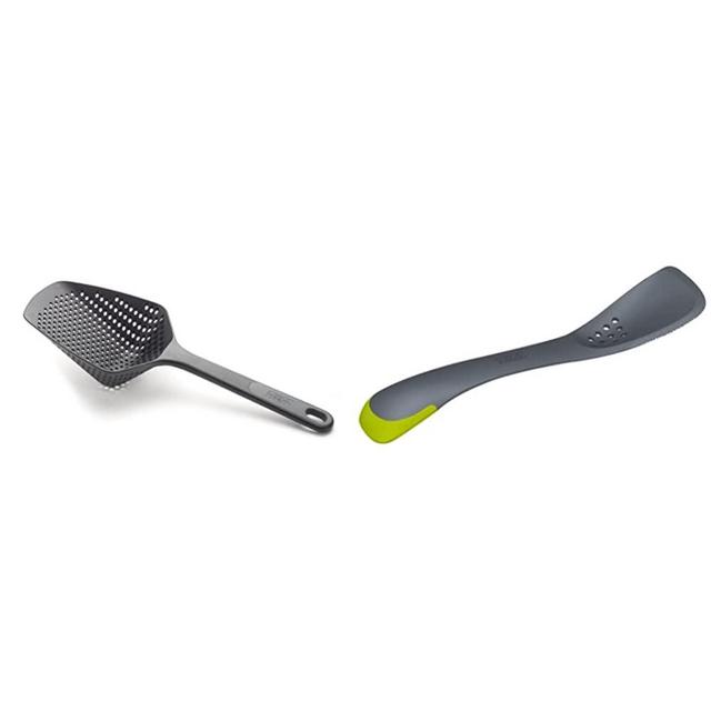 Joseph Joseph Scoop Colander Strainer Slotted Spoon, Large, Black & Uni-Tool 5-In-1 Utensil Slotted Solid Spoon Spatula Turner Slicer Kitchen All-In One Space Saving, Gray 12 long