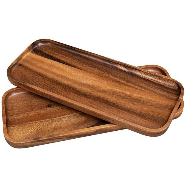 Villa Acacia Wood Serving Tray w/Lip - 12" x 5" x 0.75" Wooden Boards for Food, Dinner, & Charcuterie - Decorative Trays for Eating and Rustic Kitchen Decor ﻿