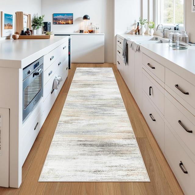 Yuemasi Modern Abstract Kitchen Runner Rug, 2.5x8 Washable Rug Runner Ultra-Thin Rug Runners for Hallways Non-Slip, Soft Striped Print Long Carpet Runner for Entryway Laundry Room (Beige, 2'5''x8')