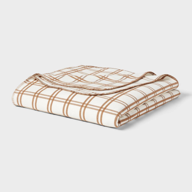 Full/Queen Brushed Cotton Blanket Ivory/Brown Plaid - Threshold™
