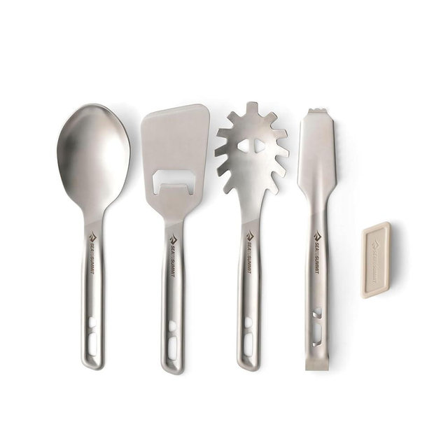 Sea to Summit Detour Stainless Steel Camping Utensil Set for Cooking and Serving (Serving Spoon, Slotted Spoon, Tongs, Spatula)