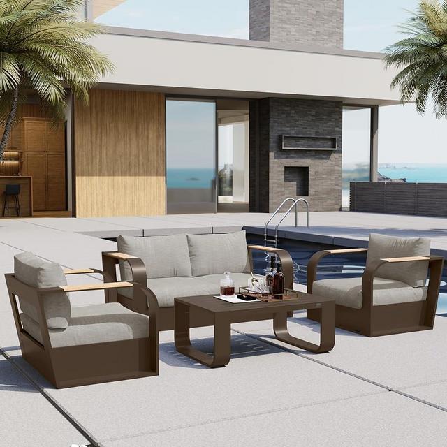 EAST OAK Signature 4 Pieces Patio Furniture Set, Outdoor Furniture with Aluminum Frame Finest Teak Wood Armrest Cushion Sofa and Table, Modern Patio Conversation Set for Garden Porch, Coffee & Beige
