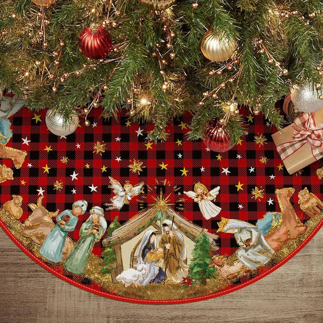 AVOIN colorlife Buffalo Plaid Christmas Tree Skirt 48 Inch, Winter Holiday Tree Decoration