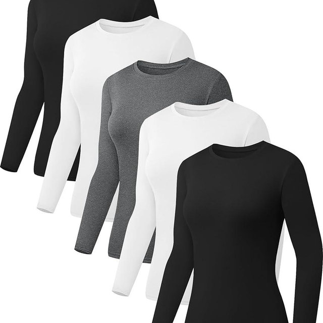 Kinglaman 5 Pack Womens Basic Long Sleeve Shirts Crew Neck Slim-Fit Fitted T Shirts Tops Undershirts Underscrub Baselayer
