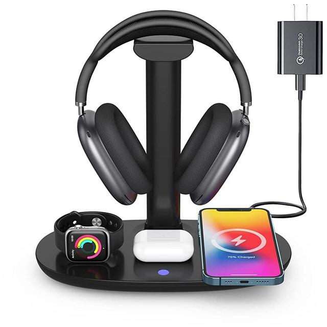 Headphone Stand with 15w Wireless Charger, Suguder 4 in 1 Qi Charging Station Headset Holder for AirPods Max/Pro/2 iWatch 7/6/5/4/3/2/1/SE iPhone 13/12/11/XS/XR/X/8 Series for Desktop Table Game,Black