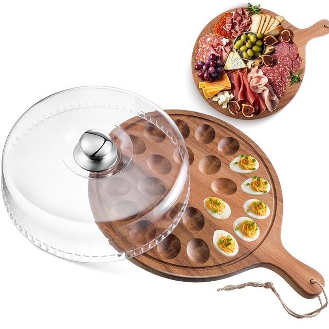 FillTouch Easter Acacia Wood Deviled Egg Platter with Lid and Handles 24 Holes Round Deviled Egg Tray Reversible Charcuterie Board Wooden Egg Holder Serving Egg Containers for Countertop Thanksgiving