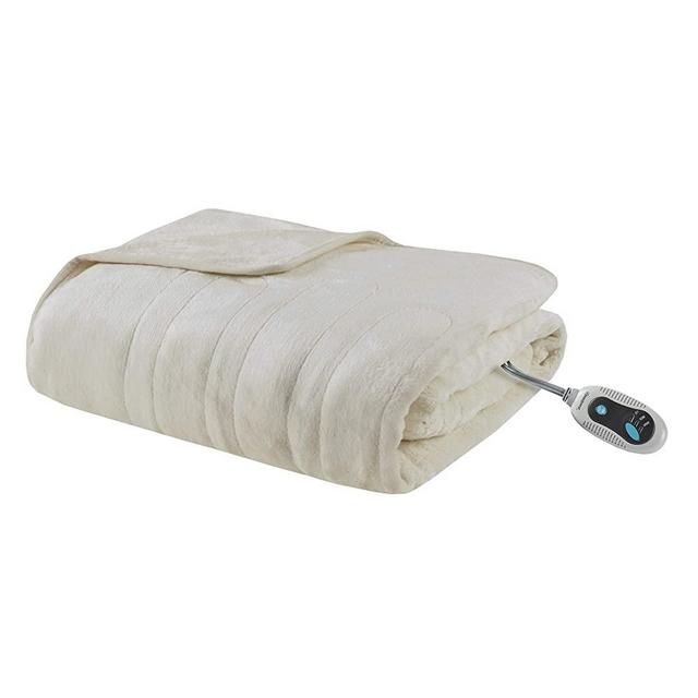Beautyrest Foot Pocket Soft Microlight Plush Electric Blanket Heated Throw Wrap with Auto Shutoff, 50x62, Ivory