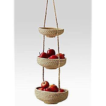 Serene Spaces Living Hanging Raffia Baskets for Your Kitchen – 3 Fair Trade Handmade Decorative Storage Baskets from Madagascar for Fruit and Vegetables