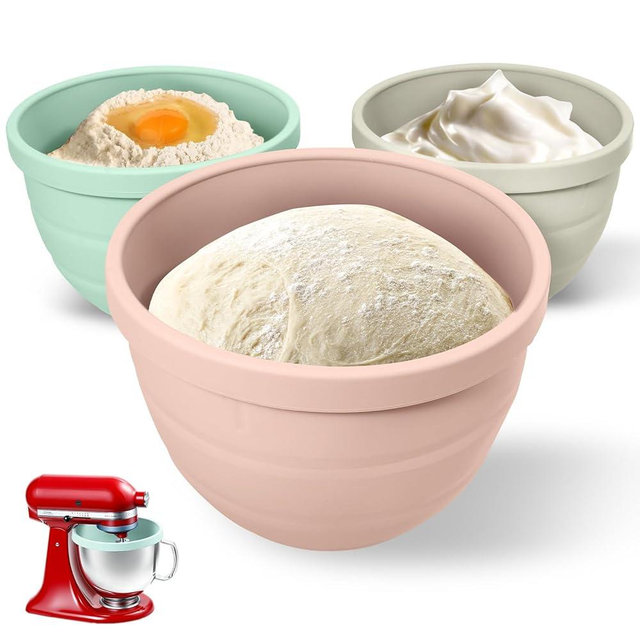 Forenee Collapsible Silicone Bowl Liners for KitchenAid 5 Qt Tilt-Head Stand Mixer - Pastel 3-Pack (Pink/Green/Grey) with Lids, Non-Stick, Space-Saving Baking Prep Inserts