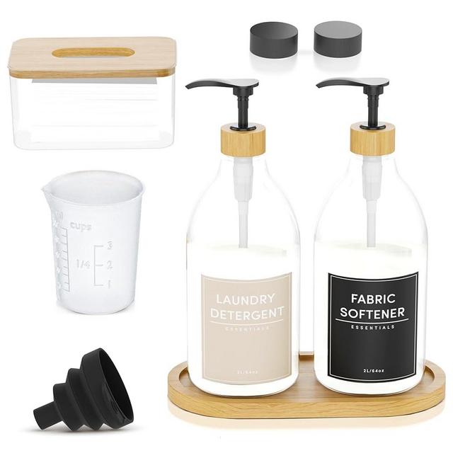 Sortify Liquid Laundry Detergent Dispenser Set of 2 - Plastic Laundry Dispenser for Liquid Detergent & Fabric Conditioner with Bamboo Tray - Farmhouse Laundry Detergent Soap Dispenser for Laundry Room