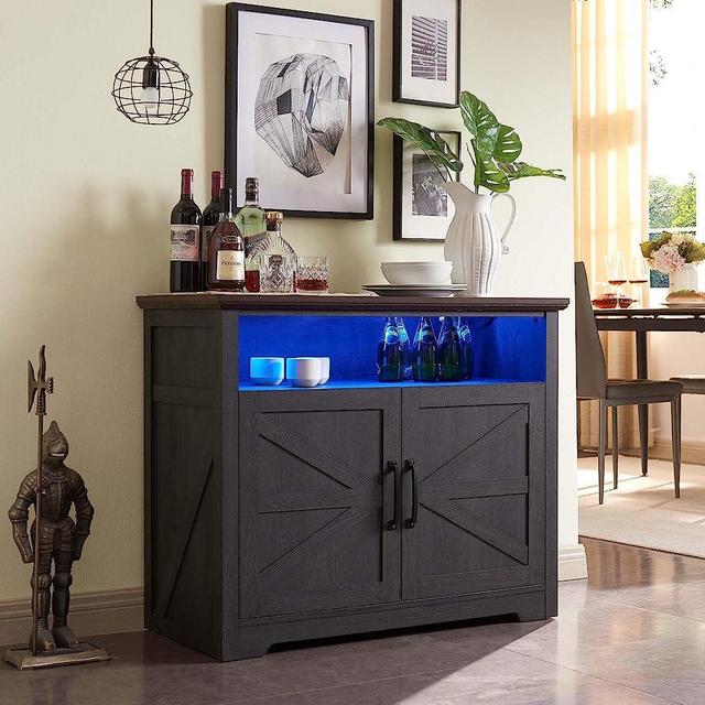 SinCiDo LED Farmhouse Sideboard Buffet Cabinet, 38" Rustic Buffet Cabinet w/Storage & Open Shelf, Accent Cabinet for Dinning Room, Kitchen, Hallway, Dark Grey