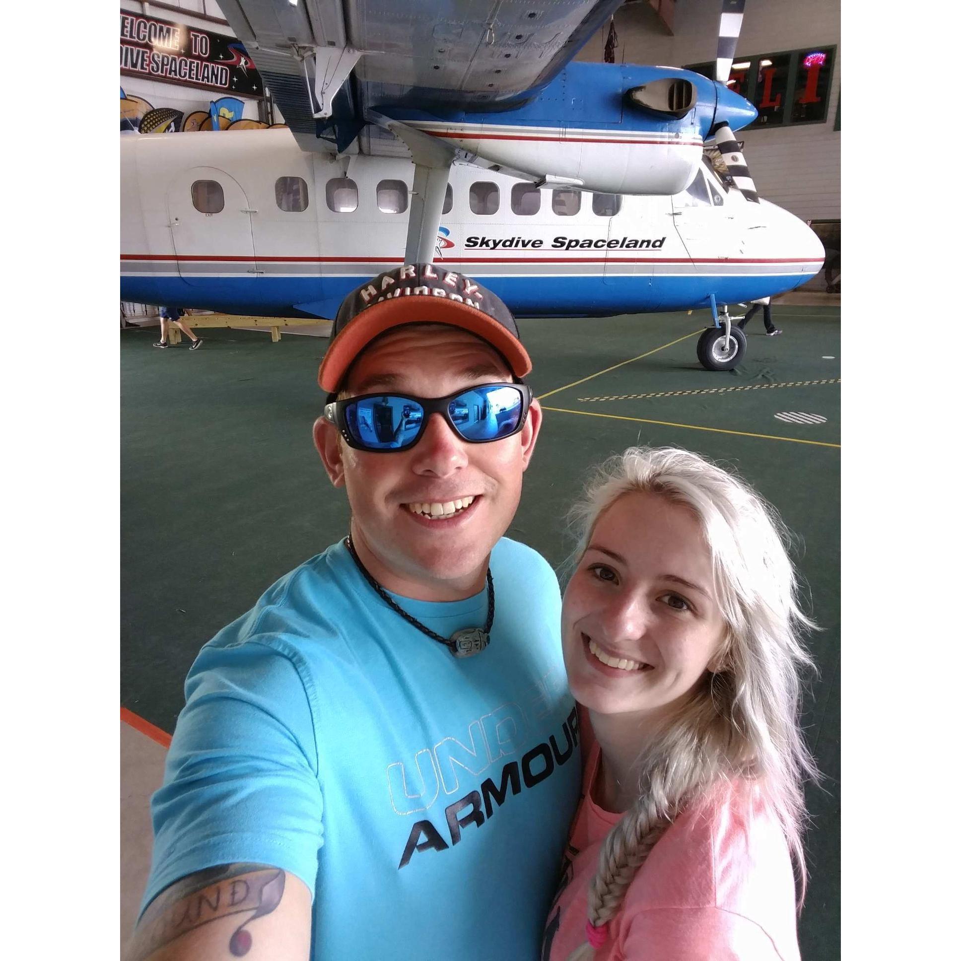 Our first date, we went skydiving! We kept falling for each other after that!