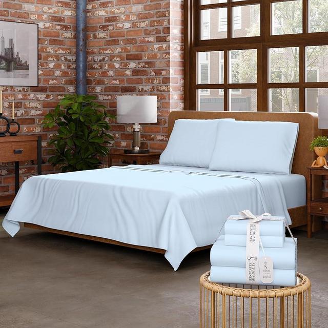 SUPREME ELEGANCE Sky Blue Sheet Set, Organic Cotton Deep Pockets Sheets for Queen Size Bed, Percale Sheets, Lightweight & Breathable, Easy Fit, Cool & Crisp
