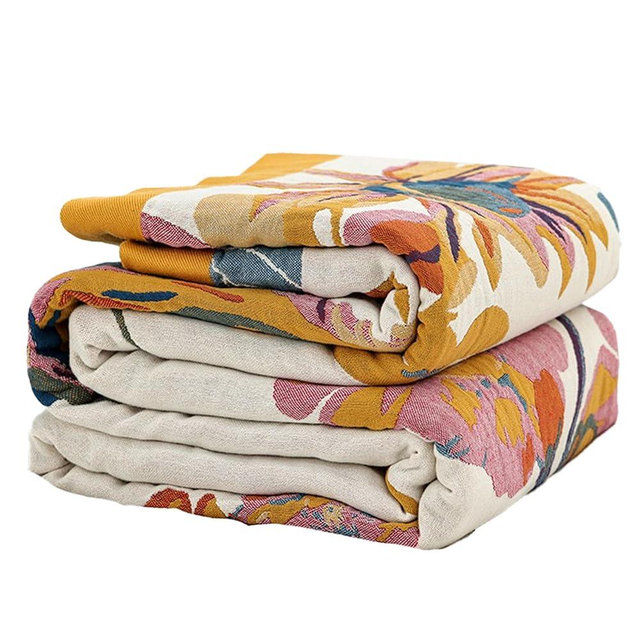 Boho Throw Blanket for Bed 90”x108”, 100% Cotton Woven Blanket for Couch Sofa, Ultra Soft 4-Layer Muslin Quilt with Vintage Floral Printed, Farmhouse Bed Blanket/Cover for Living Room Decor