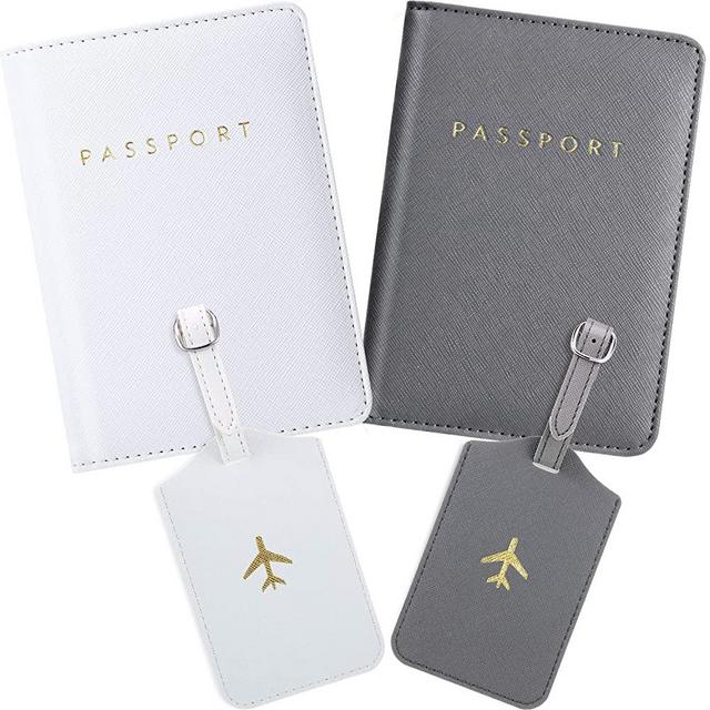 2 Pieces Passport Covers and 2 Pieces Luggage Tags, Passport Holder Travel Suitcase Tag (White, Gray)