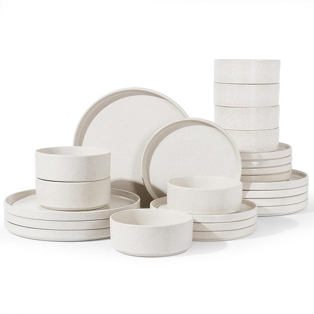 Famiware Nebula Plates and Bowls Sets, 24 Pieces Stoneware Dinnerware Sets, Reactive Glaze Dish Set, Dishes Set for 8, Matte Beige White