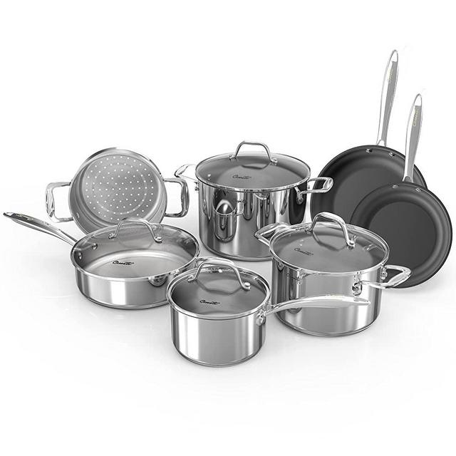 Ciwete Stainless Steel Pots and Pans Set 11-Piece, Kitchen Cookware Sets with Steamer Insert, 18/10 Stainless Steel Induction Cookware Set with Stay Cool Long Handles, Dishwasher Safe