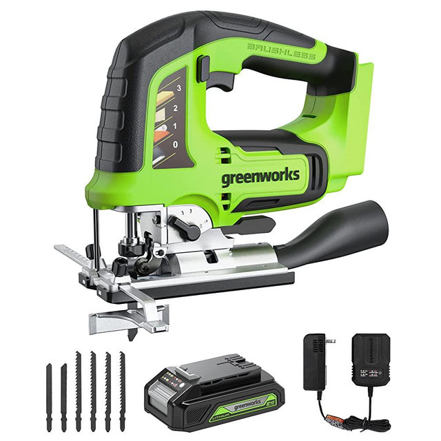 Greenworks 24V Jigsaw Brushless Cordless - 3000 SPM, 4 Orbital Settings, Variable Speed, with 2AH Battery and 2A Charger, 6PCS Blades for Wood & Metal