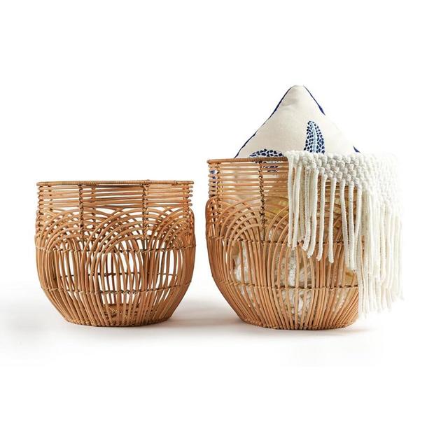 Xavia Handicrafts Set of 2 Round Rattan Storage Baskets, Wicker Boho Storage Baskets, Woven Basket for Kitchen, Toys, Blankets, Organizer Baskets, Livingroom, Kitchen, Home Decor