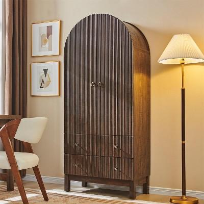 SinCiDo Arched Cabinet, 71" High Pantry Cabinet, with Adjustable Shelves and 2 Large Drawers, Cabinet, for Living Room, Bathroom, Kitchen, Brown