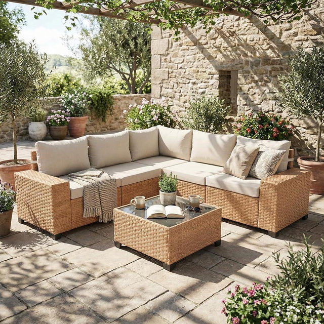 SUNSITT 6-Piece Patio Furniture Set, Outdoor Wicker Modular Sectional Sofa with 7.7-inch Wide Armrests & Thick Comfy Cushions, Glass Top Coffee Table, Rattan Conversation Set, Natural Color