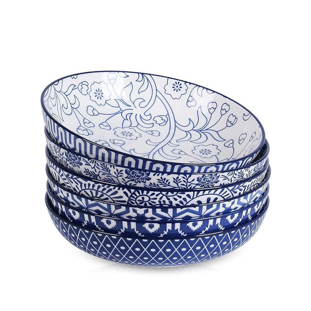 Selamica Ceramic Pasta Bowls Set 34 OZ, Large Salad Bowls 8.6 Inch Dinner Bowls for Kitchen, Wide Shallow Bowls Deep Plates for Pasta Soup, Microwave & Dishwasher Safe, Set of 6, Vintage Blue
