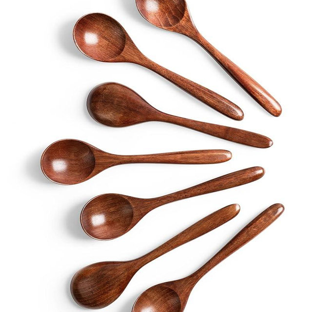 Hefild 7 PCS Wooden Spoons for Honey, 6.7 inch Small Wooden Spoons - Terrific for Tea, Coffee & Soup, Little Wood Serving Table Spoon Set, Bulk Bamboo Teaspoon for Eating with Unique Design