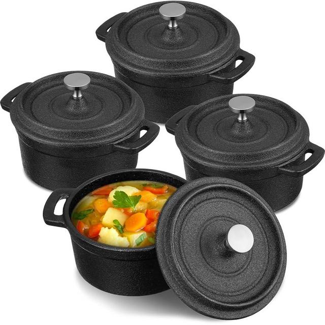 Suttmin 4 Pcs Mini Dutch Oven Small Round Iron Cocotte Black Dutch Oven Pot with Lid and Dual Handles Cast Iron Pot for Stovetop Use Marinate Cook Bake Refrigerate Garlic Roaster BBQ Grill (17 oz)