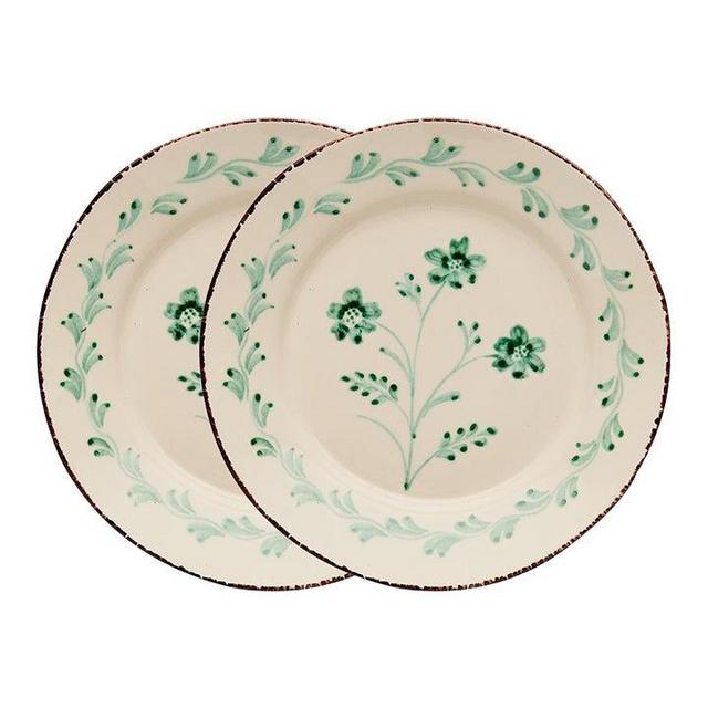 Casa Nuno Green and White Dinner Plates, Vines, 3 Flowers/Vines, Set of 2