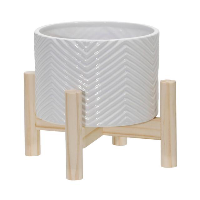6" Ceramic Chevron Planter with Wood Stand White - Sagebrook Home