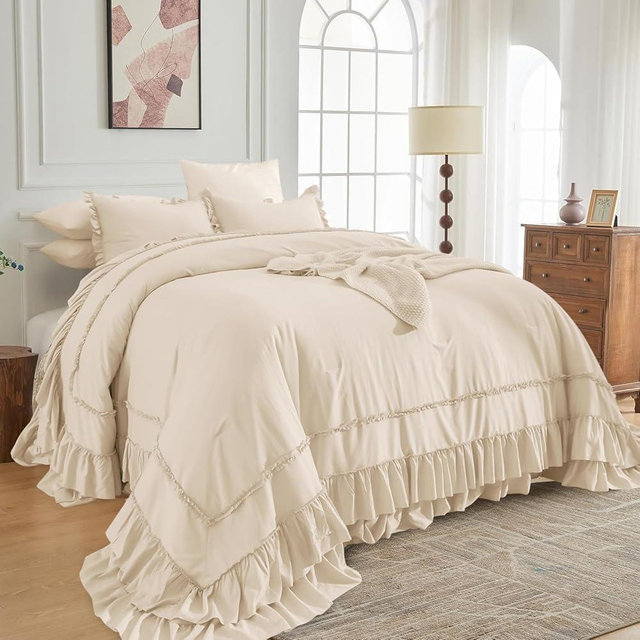 Sanracie Oversized King Comforter Set 128" x 120", Cotton Wheat Soft Comfortable Aesthetic Ruffled Bedding Sets Lightweight Breathable Boho Shabby Vintage Comforter Set 3Pcs