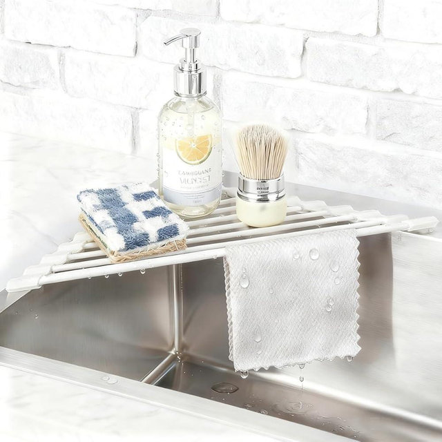 Credon Triangle Roll Up Dish Drying Rack, Foldable Anti-Slip Kitchen Sink Drainer Organizer, Silicone Coated Stainless Steel Frame, Multipurpose Over Sink Corner Caddy for Space Saving (White)