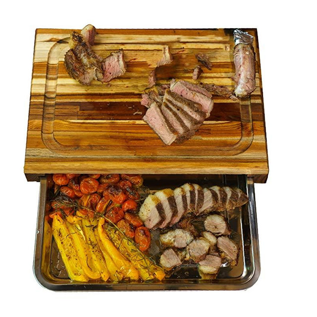 meistar Large End Grain Teak Wood Cutting Board. Thick Butcher Block for Kitchen, Brisket and BBQ with Stainless Steel Tray and Juice Groove (Teak Wood + S. Steel Tray, Large)