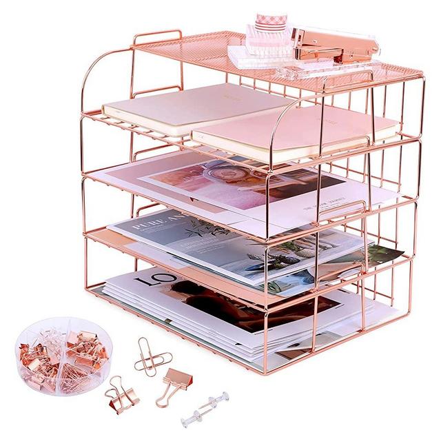Stackable Paper Tray Organizer Desk File Organizer, 4 Tier Desk Organizers and Accessories(Rose Gold)