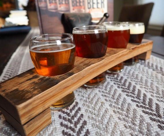Barrel Stave Beer Flight Board w/ Glasses