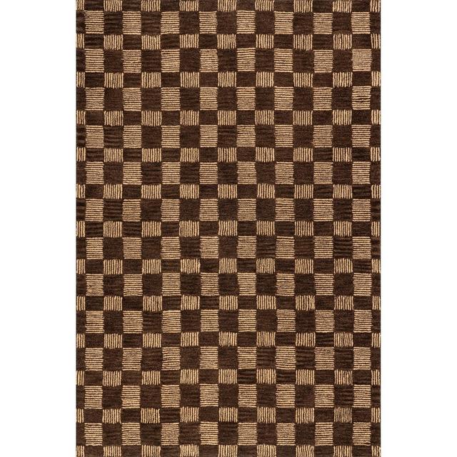 Rugs USA x Arvin Olano - Quince Checkered Wool Indoor Area Rug, 3' x 5', Brown