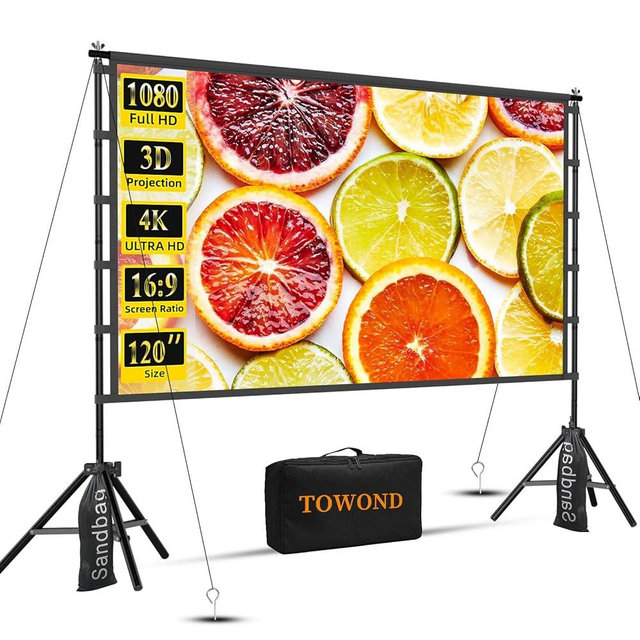 Outdoor Projector Screen with Stand, TOWOND 120 inch Portable Movie Screen, 16:9 HD Foldable Anti-Crease Projection Screen with Carry Bag for Home Theater Outdoor Indoor Support Double Sided