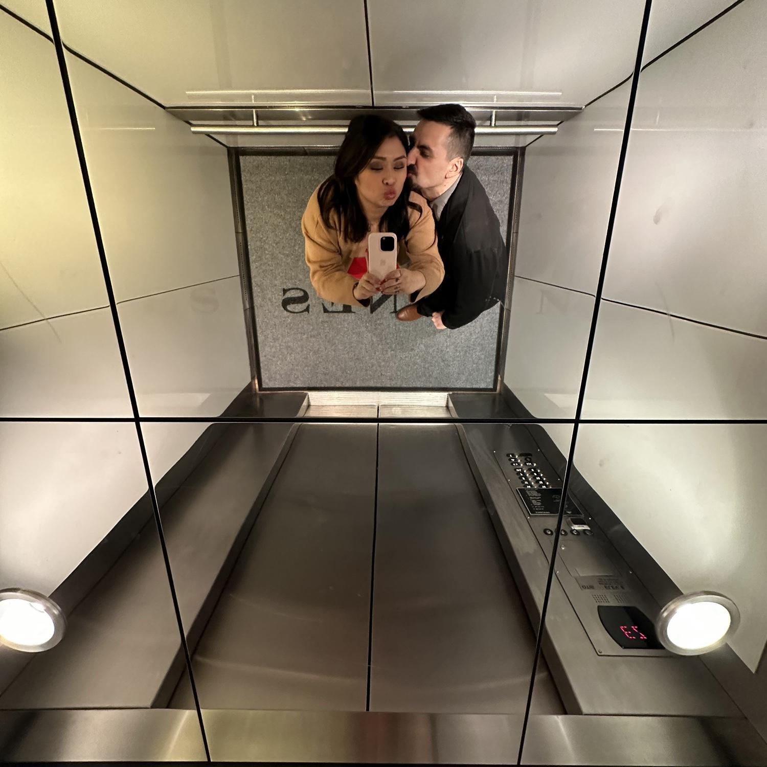 The last photo taken before they got engaged. This is the elevator of the Nine Hotel, where the couple is staying the night of their wedding.