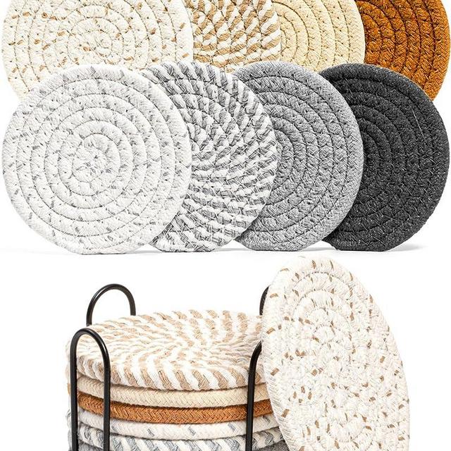 Crafizon 8 Pcs Drink Coasters with Holder, 8 Colors Absorbent Coasters for Drinks Minimalist Cup Coasters Cotton Coaster Set Woven Coasters for Coffee Table Home Decor Bar Housewarming Gift, 4.3 Inch