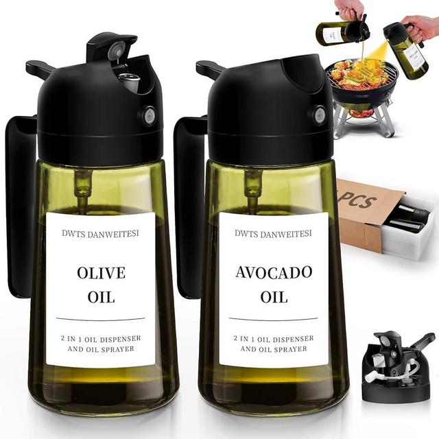 DWTS DANWEITESI Oil Sprayer for Cooking 2pcs,2 in 1 Oil Dispenser and Oil Sprayer Kitchen Gadgets,16oz Dark Green Glass Oil Spray Bottle(Light Blockage),Perfect Kitchen Accessories