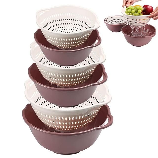LRECNOM 6 Pieces Colander with bowl, Food Strainer for Pasta, Veggies and Fruits, BPA Free, Dishwasher Safe (large, Fuchsia)
