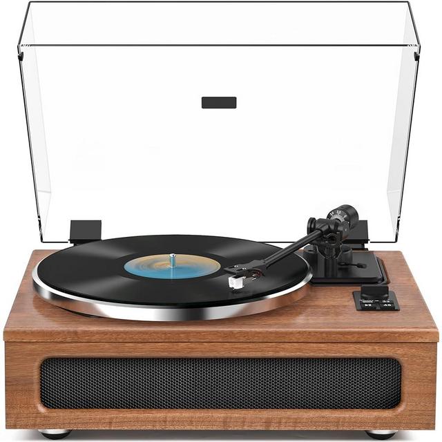 All-in-One Vintage Record Player High Fidelity Belt Drive Turntable for Vinyl Records Built-in 2 Tweeter and 2 Bass Stereo Speakers, Vinyl Player with MM Cartridge, Bluetooth, Aux-in, RCA, Auto Stop