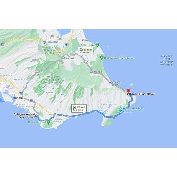 This is a google map of the trip most of our guests will take from Waikiki to Sea Life Park.