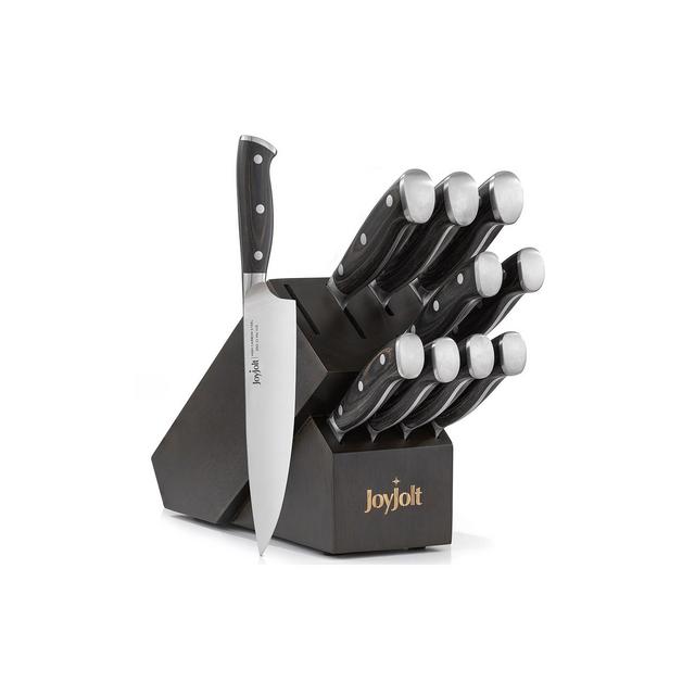 JoyJolt 11pc Kitchen Knife Set With Block. High Carbon, x50 German Steel Knives. Chef, Bread, Slicing, Nakiri, Utility, Paring and Steak Knife Set